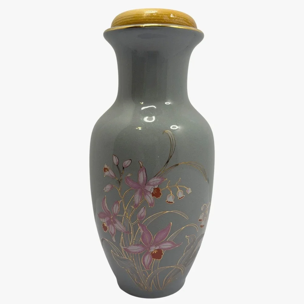 Fine China Japan Grey Ceramic Bud Vase Pink Orchids Gold Gilt with Wood Lid 7in